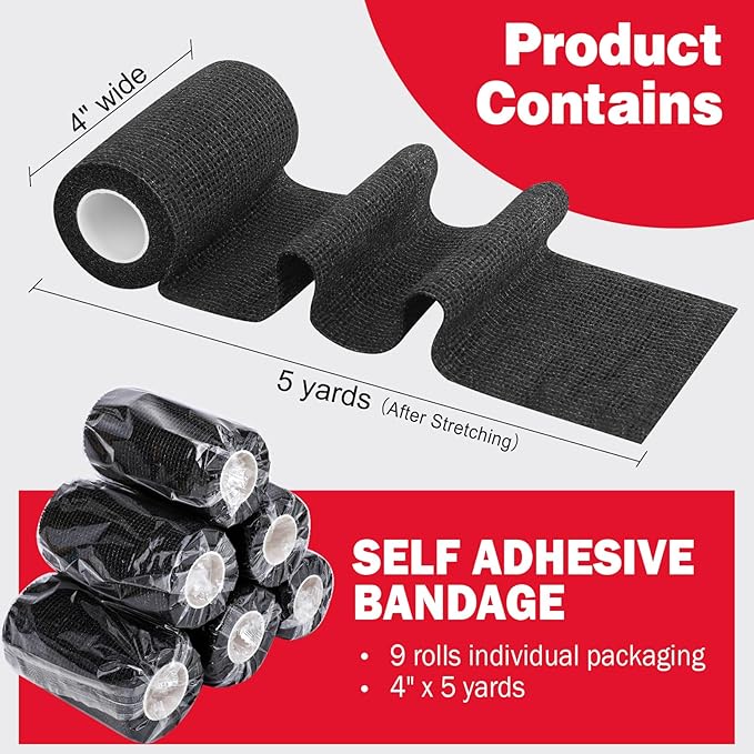 AZEN 9 Pack Self Adhesive Bandage Wrap, 4" X 5 Yards Elastic Cohesive Bandage Wrap, Color Athletic Tape, Tattoo Grip Tape Wrap, Vet Wrap, Ankle Tape-PawvioPets