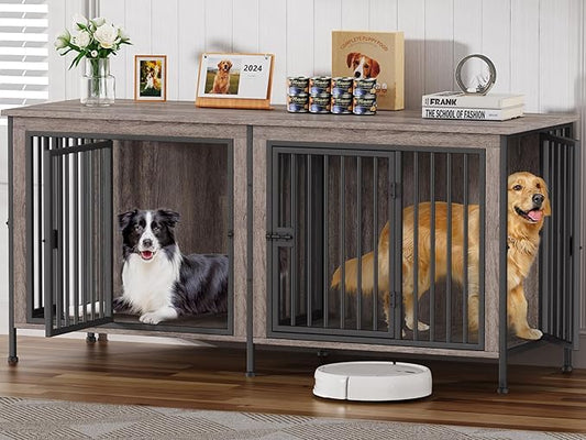 EasyCom 78 Inch Dog Cage Furniture for 2 Pets with Divider, XXL Wooden Double Dog Crate Furniture TV Stand for Mideum and Large Breed, Durable and Sturdy-PawvioPets