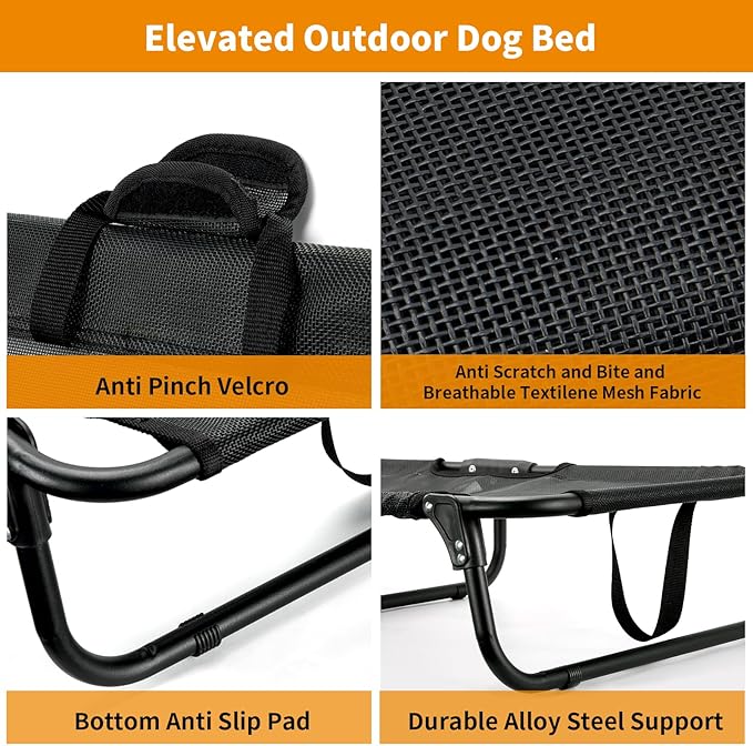 Elevated Dog Bed, Foldable Raised Dogs Bed Outdoor Dog Cots Beds for Large Dogs Cooling Outside Camping Chew-Proof No Assembly Need, Black-PawvioPets