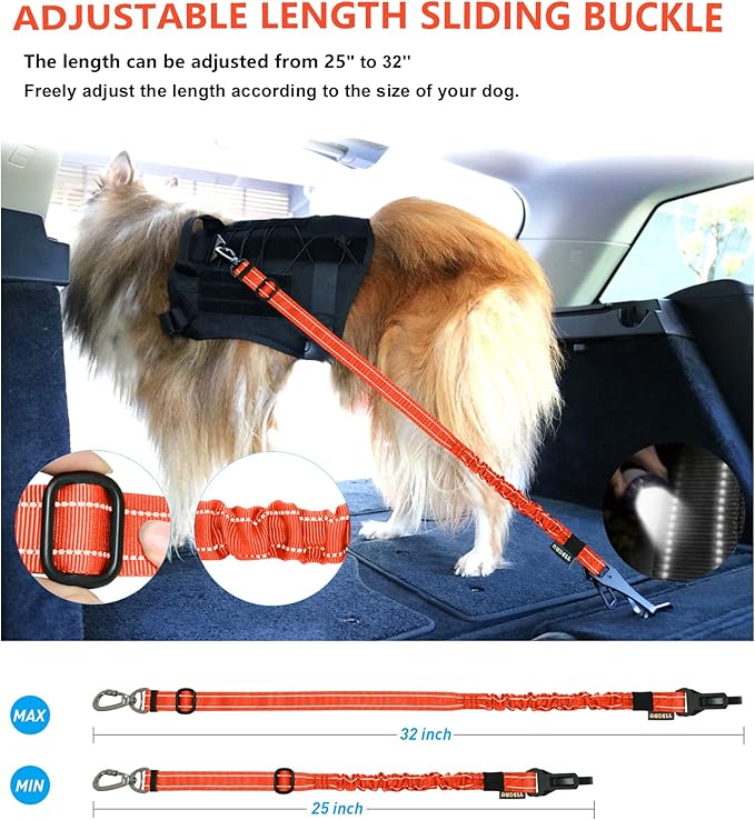 AUBELL Dog Seat Belt for Car,Updated 3-in-1 Adjustable Reflective Bungee Heavy Duty Dog Car Harness Tether with Clip Hook Latch & Buckle,Swivel Zinc Alloy Carabiner,Orange-PawvioPets