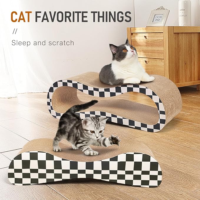 2 in 1 Cat Scratcher Cardboard Lounge Bed, Cat Scratching Post, Durable Board Pads Prevents Furniture Damage,Large,Checkerboard-PawvioPets