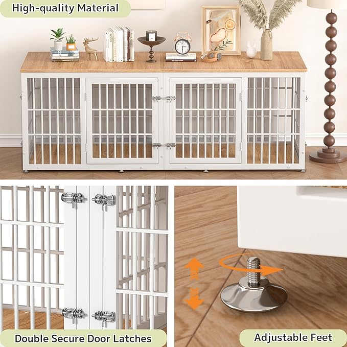 78 Inch Double Dog Crate Furniture, Heavy Duty Extra Large Cage Furniture with Divider for 2 Dogs, Decorative Wooden Kennel Furniture Indoor, Pet House for Large and Medium Dogs, White-PawvioPets