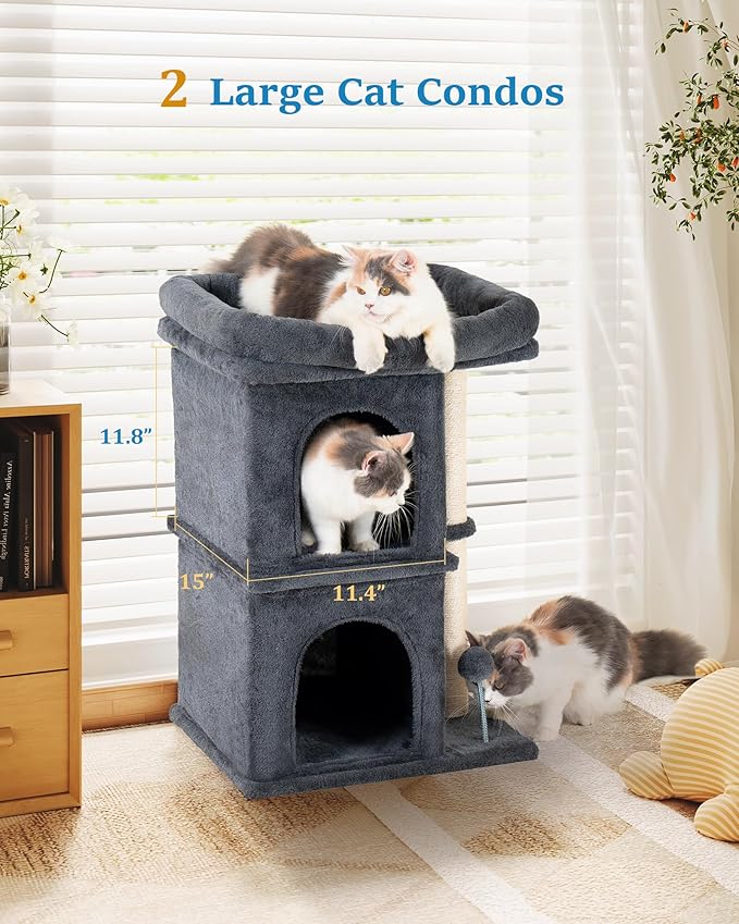 24in Cat Tree Tower with Scratching Post, 19 * 16.5in Window Perch for Large Cats, 2 Cat Condo Cubbies for Indoor Kittens, Dark Gray-PawvioPets