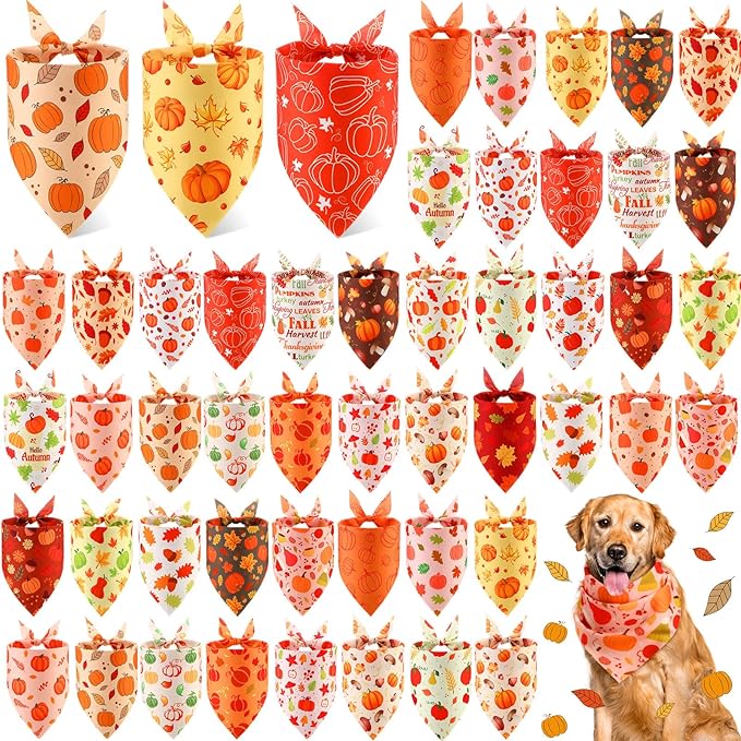 Abbylike 50 Pcs Fall Dog Bandanas Bulk Pumpkin Bandanas for Dogs Triangle Kerchief Bibs Scarf for Small Medium Large Pets Autumn Thanksgiving Costume Accessories, 25 Styles (31.5 x 21.7 x 21.7 Inch)-PawvioPets