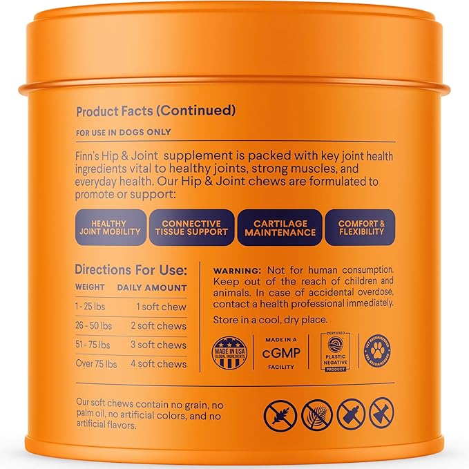 Finn Hip and Joint Supplement for Dogs | Glucosamine, Chondroitin & MSM for Joint and Mobility Support | with Turmeric, BioPerine and B-Vitamins | 90 Soft Chews-PawvioPets