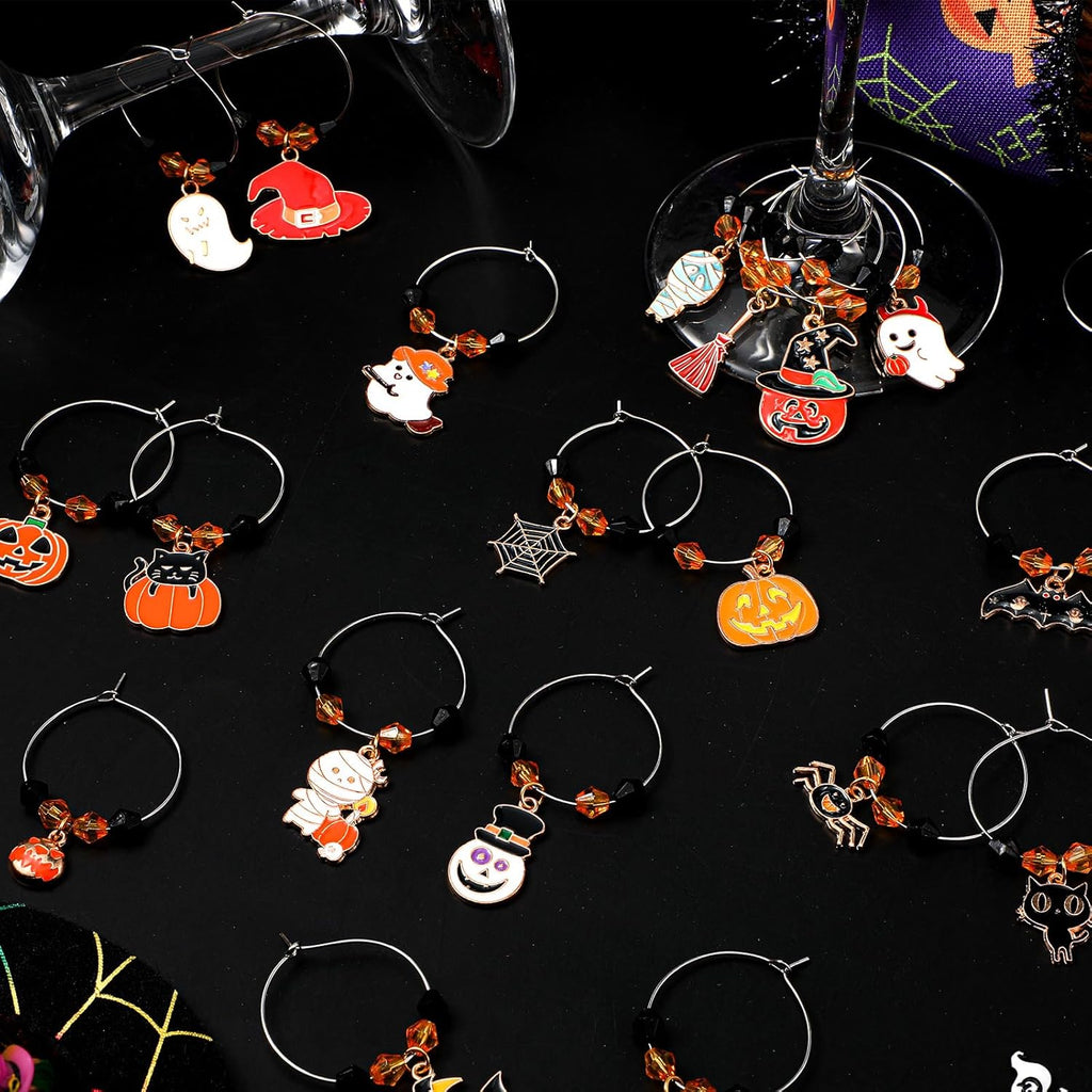Inbagi 24 Pcs Halloween Wine Glass Charms Halloween Enamel Wine Charms Pendant Pumpkin Witch Hat Broomstick Mummy Castle Glass Markers Drink Identifier for Stem Halloweens Birthday Party Supply