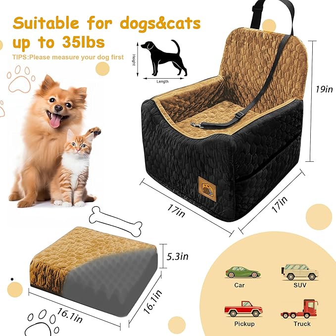 Dog Car Seat for Small/Medium Dogs, Memory Foam Dog Booster Seat, Travel Safety Per Car Seat with Washable Removable Cover, Storage Pockets for Dogs up to 35 lbs(BlackBrown)-PawvioPets