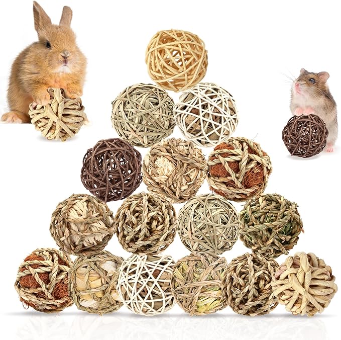 Bunny Chew Grass Balls, Rolling Chew Toys for Small Animals, Improving Dental Health, Natural Chew Grass Toys for Rabbits, Guinea Pigs, Chinchillas, Hamsters, Mice (16 Pcs)-PawvioPets