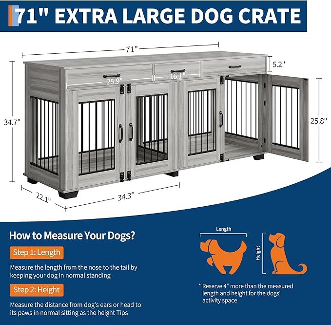 71 Inch Dog Crate Furniture for 2 Rooms, Wooden Double Crate Large Breed with Door, Dog Kennel Indoor, TV Stand End Table with Divider for Large Medium Dogs,Grey-PawvioPets