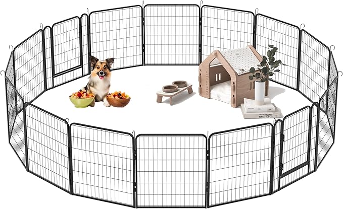 Dog Playpen, Outdoor Dog Fence, 16 Panels, 32" H Dog Pen for Medium/Small Dogs, Heavy Duty Metal Pet Fence with Gate, Portable Dog Fence for RV Camping and Yard (Black)-PawvioPets