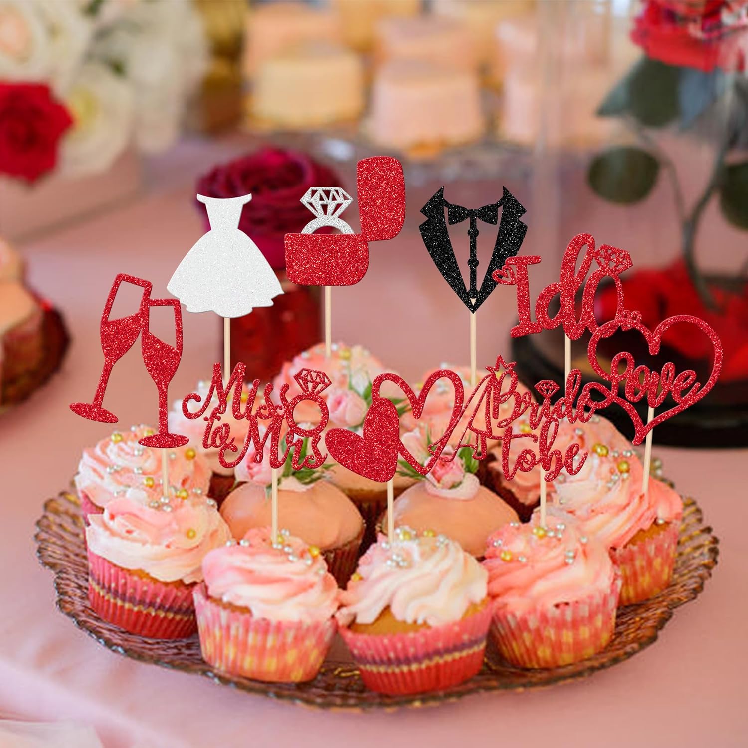 30 PCS Bride to Be Cupcake Toppers Glitter Miss to Mrs I Do Love Heart Ring Cupcake Picks Wedding Bridal Shower Cake Decorations for Wedding Engagement Bachelorette Party Supplies Red