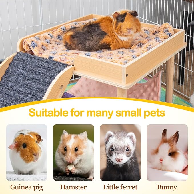 Enlarged Guinea Pig Hammock with Platform and Stairs,Wooden Small Animal Hideout for Guinea Pigs Bunny Ferret Hamster Hiding Sleeping Activities(Single)-PawvioPets