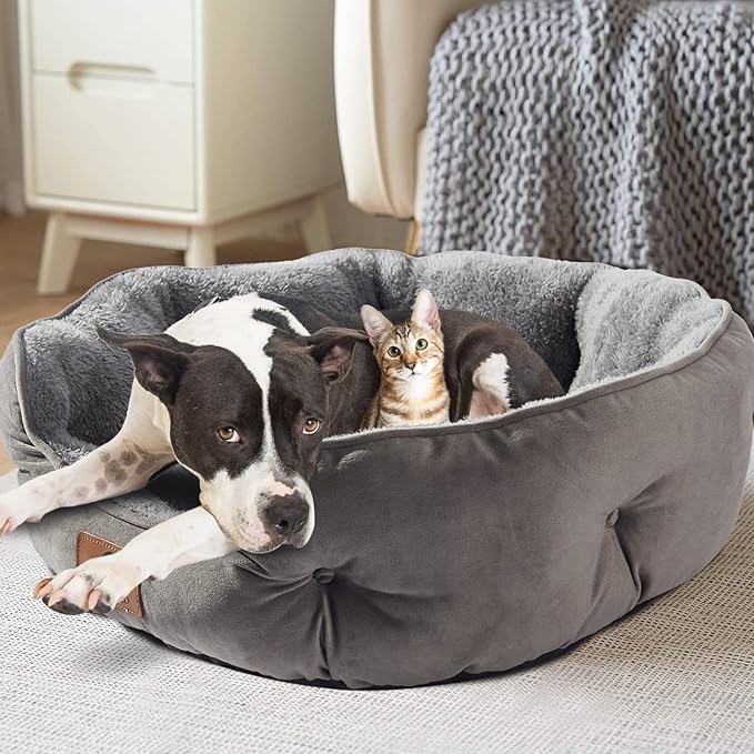 Asvin Large Dog Bed for Large Dogs, Cat Beds for Indoor Cats, Pet Bed for Puppy and Kitty, Extra Soft & Machine Washable with Anti-Slip & Water-Resistant Oxford Bottom, Grey, 35 inches-PawvioPets