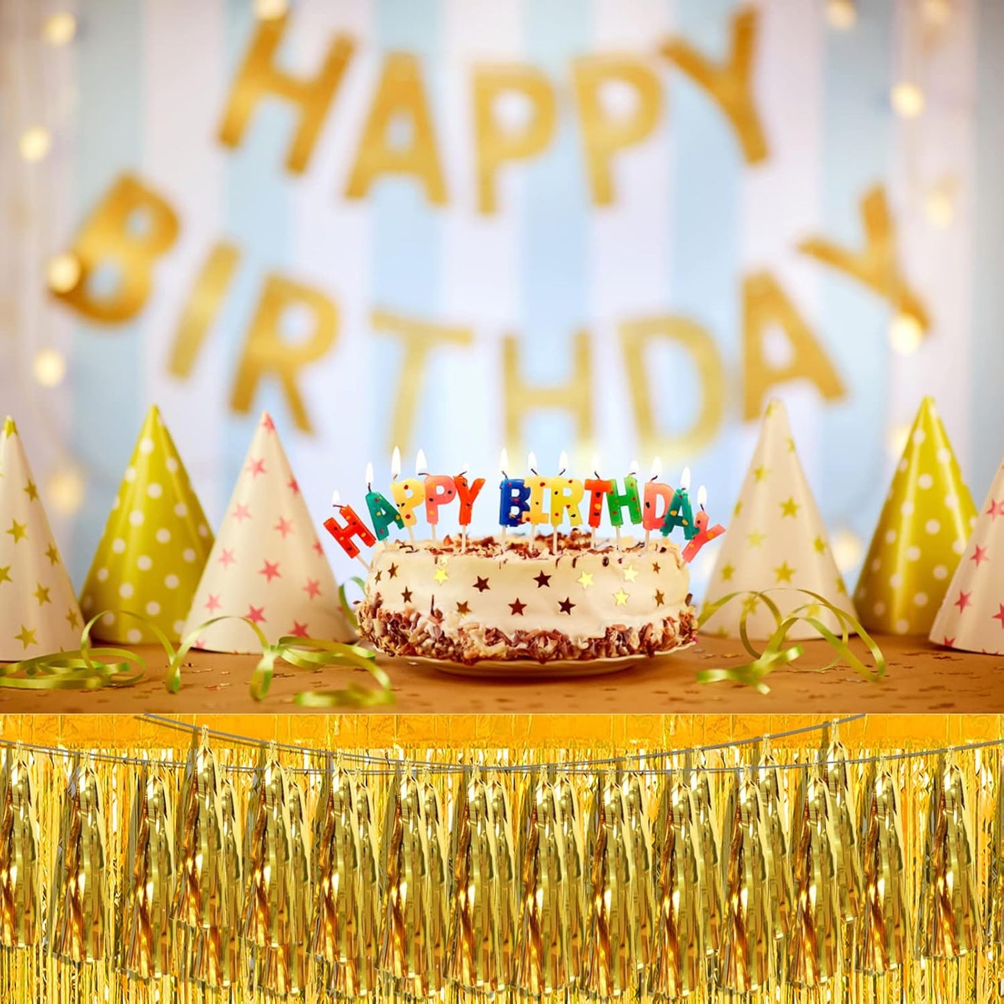 8P Gold Foil Fringe Metallic Tassel Streamers Banner Tassel Garland for Parade Floats, Bachelorette, Wedding, Birthday, Halloween, Christmas, Bridal/Baby Shower Party Decorations