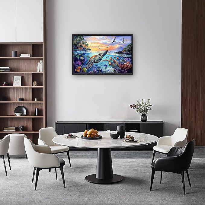 Framed Large Sea Turtle Wall Art for Living Room, Oversized Ocean Turtle Wall Decor Seascape Underwater Marine Life Canvas Painting Home Decoration for Living Room Bedroom Office 36"x24"-PawvioPets