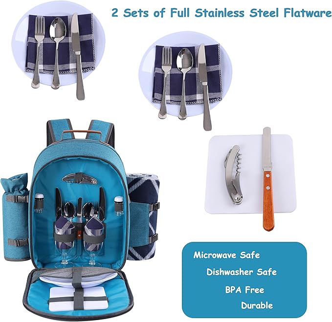 Apollo Walker Picnic Backpack Set for 2 Person with Cooler Compartment, Detachable Bottle/Wine Holder, Fleece Blanket, Plates and Cutlery Set (Teal)-PawvioPets