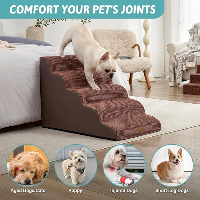 Extra Wide Dog Stairs 19.7" Width, Large Pet Step for Small Medium Dog, Puppy or Cat, Ramp for High Bed or Car, High Density Foam Ladder, Stable, 5 Step, 19.7x33x22.4 inch, Brown-PawvioPets