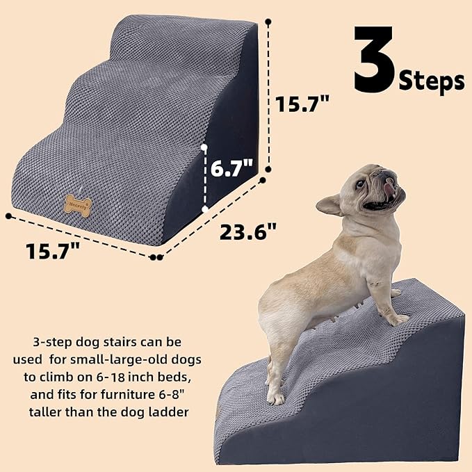 Dog Stairs to high beds, 3-step dog stairs for dogs to get on bed couch high 16"-20 inch, dog pet stairs for small large dogs cats climbing to bed, Non-Slip balanced doggy Grey (23.7*15.8*15.8 IN 33D)-PawvioPets