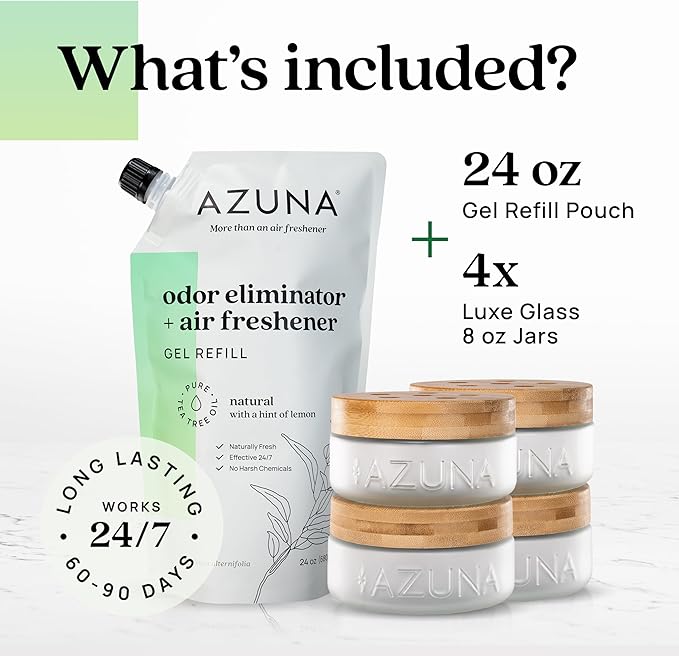 Azuna Air Freshener & Odor Eliminator for Strong Odor | 4 Room Kit Includes (4) 8 oz. Empty Luxe Glass Jars & 24oz Gel | Refill with Tea Tree Essential Oil | Natural Scent | Last 60-90 Days-PawvioPets