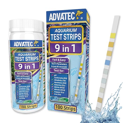 9 in 1 Aquarium Test Strips for Salt & Freshwater, Fish Tank Tester Kit for Iron, Copper, Carbonate, pH, Nitrate, Nitrite, Chlorine, Total Hardness & Alkalinity - 100 Count-PawvioPets