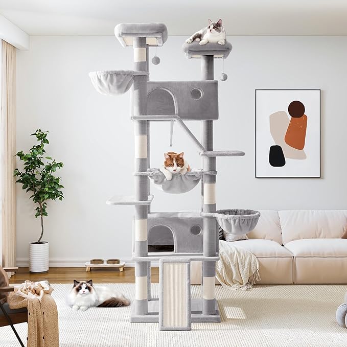 Allewie 81 Inches Tall Cat Tree/Multi-Level Large Climbing Tree House and Towers for Big Feline/Condo and Hammock/Scratching Post/Wide Base/Grey-PawvioPets