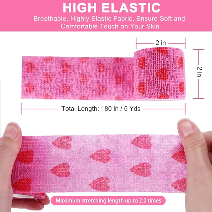 24 Pack Self Adhesive Vet Wrap & Medical Tape, 2 Inch x 5 Yards Cohesive Bandage Wrap - Pink Heart Grip Tape for Ankle, Wrist Sprains, Sports, Pet First Aid-PawvioPets