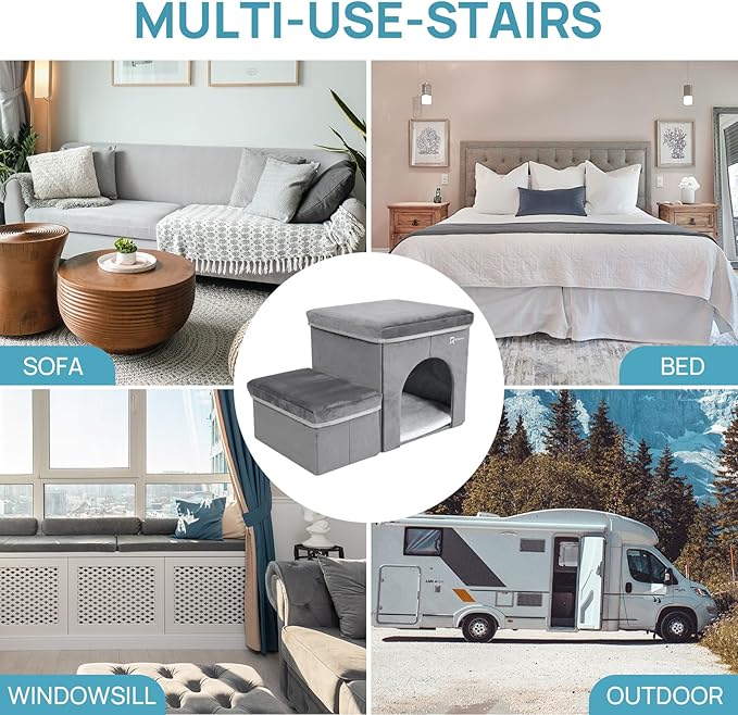 Foldable Pet Stairs for Beds & Sofas - Non-Slip Dog Steps with Storage for Small to Medium Dogs & Cats, Supports up to 120 lbs - Durable 2 & 3-Step Doggie Ladder for Easy Access-PawvioPets