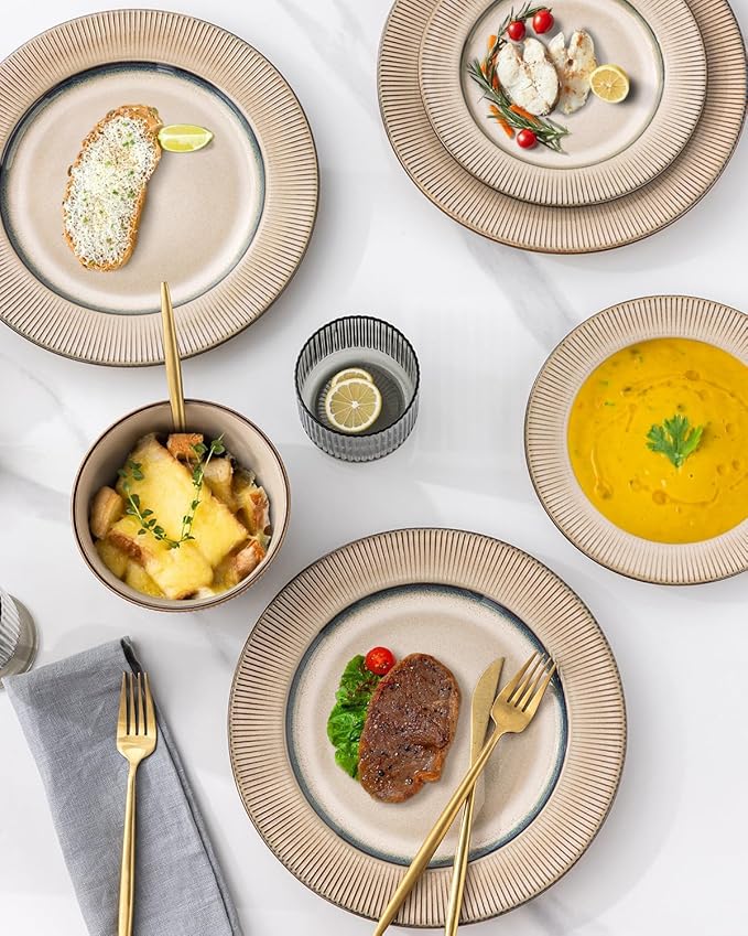 GBHOME Ceramic Dinnerware Sets, 18 Piece Embossed Elegant Stoneware Plates and Bowls Sets, Housewarming Wedding Gift | Dishwasher & Microwave Safe | Dishes Set Service for 8-PawvioPets