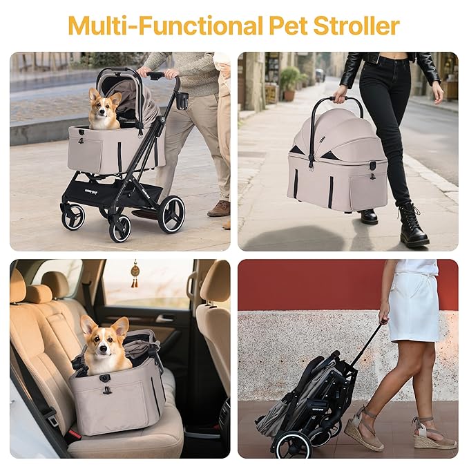 BEBEROAD X3 2 in 1 Pet Stroller for Medium or Two Small Dogs & Cats 4 Wheels Lightweight Foldable Carrier Dog Stroller with Waterproof Weather Cover Cup Holder,Storage Basket(Camel)-PawvioPets
