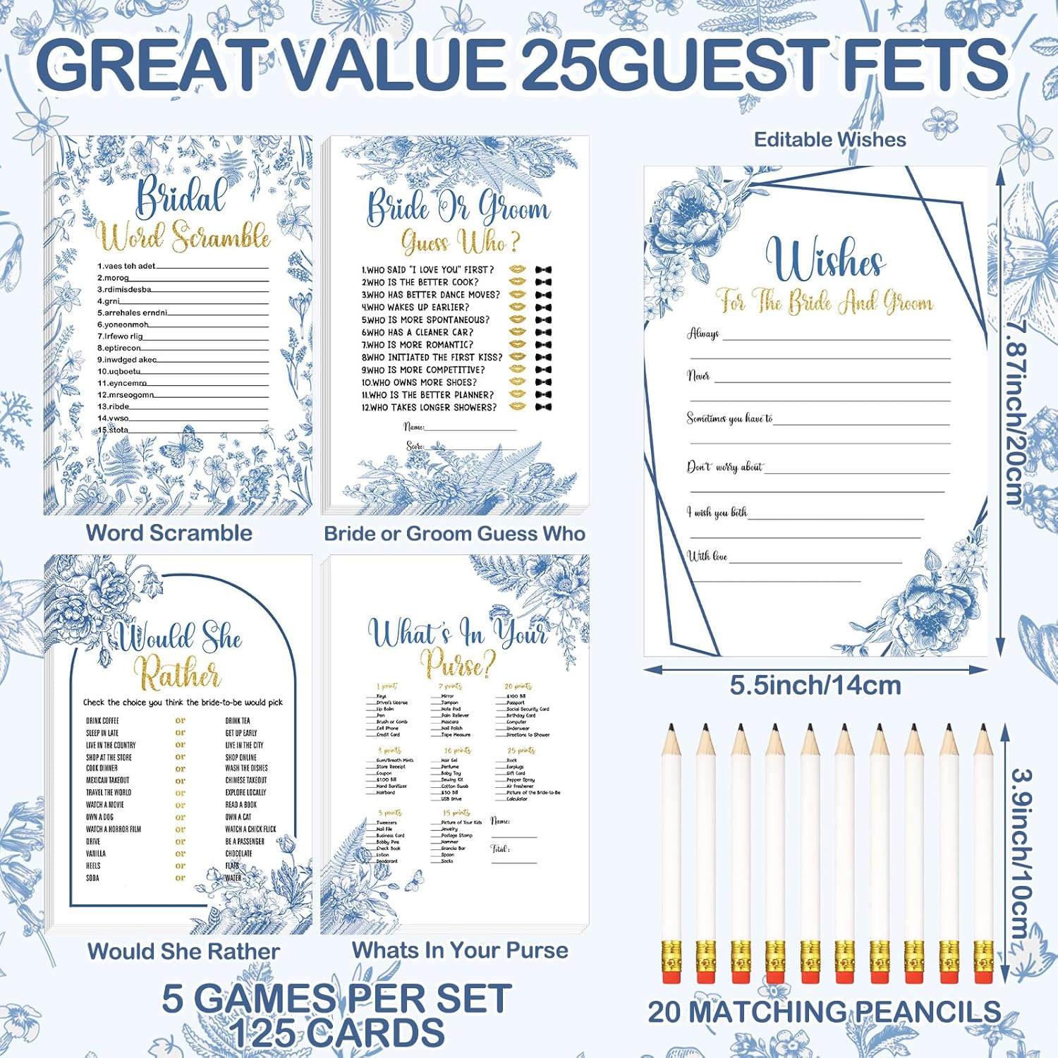 Teling 145 Pieces Bridal Shower Game Bridal Shower Favors Set Wedding Games Cards and Pencils for Bride Groom Bachelorette Party Wedding Party Favor (Blue Floral Style)