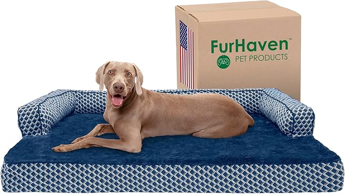 Furhaven Memory Foam Dog Bed for Large Dogs w/ Removable Bolsters & Washable Cover, For Dogs Up to 125 lbs - Plush & Woven Decor Comfy Couch Sofa - Diamond Blue, Jumbo Plus/XXL-PawvioPets