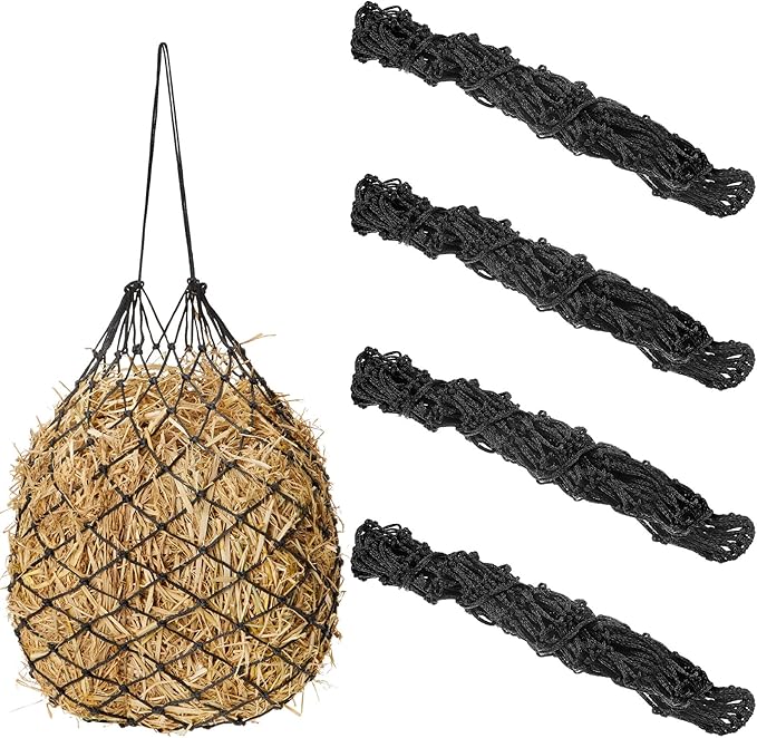 Fabbay 4 Pcs Slow Feed Hay Net Feeder Hay Bag for Horses Slow Feeder 40 Inch Length with 2 Inch Holes Hanging Horse Feed Net for Goat Cattle Equine Stalls Barn Supplies(Black)-PawvioPets
