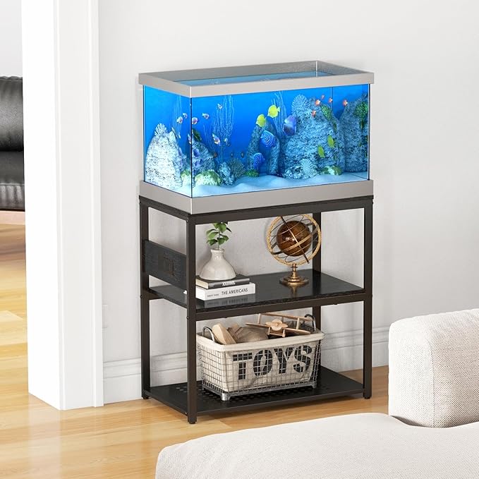 20-29 Gallon Fish Tank Stand with Power Outlets, 3-Tier Metal Aquarium Stand, Breeder Reptile Tank Stand with Shelf for Home Office, 660LBS Capacity, 29.5 x 15.8 x 30.1 inches, Black-PawvioPets