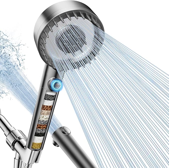 Filtered Shower Head with Handheld, High Pressure 4 Spray Mode Showerhead with Filters, Water Softener Filter Beads for Hard Water with ON/OFF Switch for Pets - Remove Chlorine (Gray)-PawvioPets