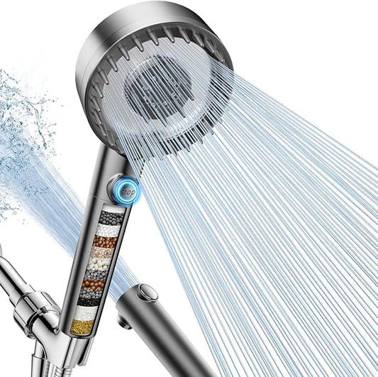 Filtered Shower Head with Handheld, High Pressure 4 Spray Mode Showerhead with Filters, Water Softener Filter Beads for Hard Water with ON/OFF Switch for Pets - Remove Chlorine (Gray)-PawvioPets
