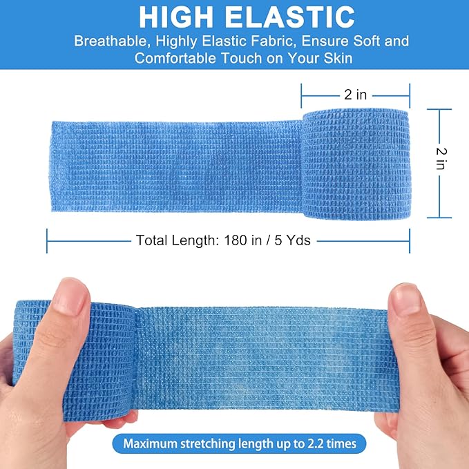 24 Pack Self Adherent Cohesive Wrap Bandages, 2” x 5 Yards Blue Athletic Tape, Medical Tape, Vet Wrap, Elastic Grip Tape for Sports Wrist Ankle Pet Ankle Swelling Sprains-PawvioPets