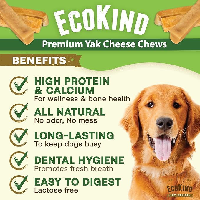 EcoKind Premium Gold Yak Cheese Himalayan Dog Chews, Dog Treats Large Breed, All Natural, High Protein, for Aggressive Chewers, Large - 8+ Chews (2 lbs)-PawvioPets