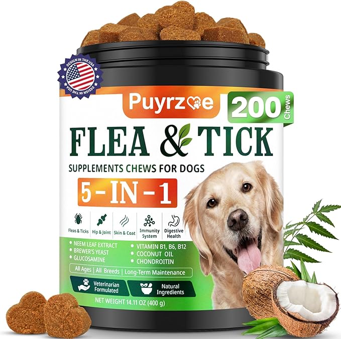 5-in-1 Dog Flea and Tick Treatment Chewable, Natural Flea and Tick Prevention for Dogs Chewable - Flea & Tick | Hip & Joint | Skin & Coat | Immunity Support | Digestive for All Breeds & Sizes-PawvioPets