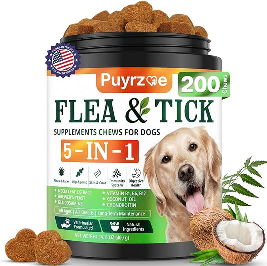 5-in-1 Dog Flea and Tick Treatment Chewable, Natural Flea and Tick Prevention for Dogs Chewable - Flea & Tick | Hip & Joint | Skin & Coat | Immunity Support | Digestive for All Breeds & Sizes-PawvioPets