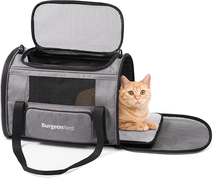 BurgeonNest Cat Carriers for Small Cats Under 15, Medium Puppy Under 25 lbs Large Pet 20 lbs Soft Sided Pet Carrier with Unique Side Bag (Medium, Grey)-PawvioPets