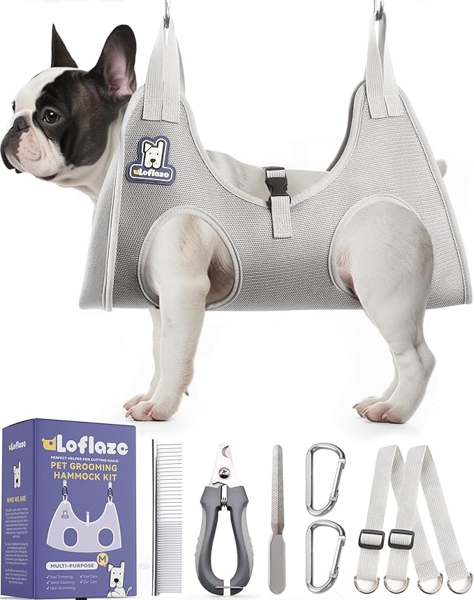 Dog Grooming Hammock Harness for Dogs & Cats with Pet Nail Clipper Trimmer - Cat Hanger Sling for Trimming Clipping Nails- Dog Hammock Restraint Bag for Small Medium Large pet （ Grey M ）-PawvioPets