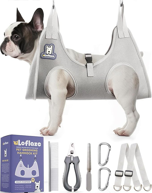 Dog Grooming Hammock Harness for Dogs & Cats with Pet Nail Clipper Trimmer - Cat Hanger Sling for Trimming Clipping Nails- Dog Hammock Restraint Bag for Small Medium Large pet （ Grey M ）-PawvioPets