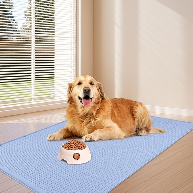 Dog Food Mat, Extra Large 40" x 28" Silicone Pet Feeding Mat with Raised Edge Pet Placemat for Small, Medium, and Large Pets Non-Slip, Easy to Clean (Blue)-PawvioPets
