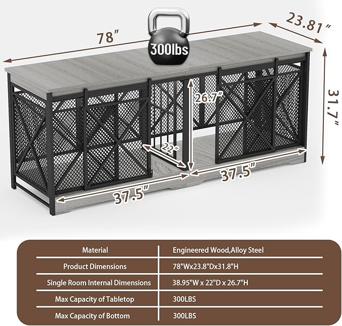 COZPAW 78 Inch Double Dog Crate Furniture, Extra Large Dog Kennel Indoor for Medium Large 2 Dogs, Heavy Duty Dog Cage Chew-Resistant Steel and Wooden Pet House with Removable Divider (Grey)-PawvioPets