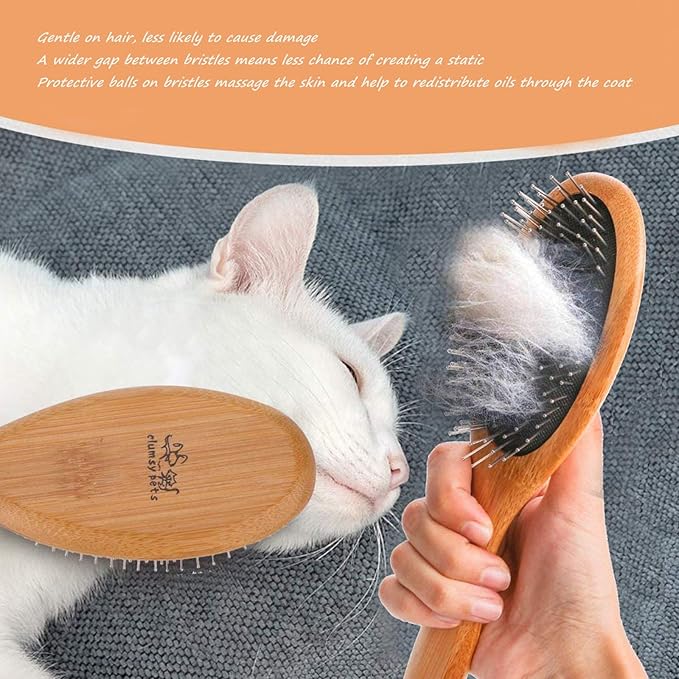 ClumsyPets Dog & Cat Ball Pin Slicker Grooming Brush with Bamboo Handle for Pets Massage Bath and Removes Mats Loose Fur Hairs-PawvioPets