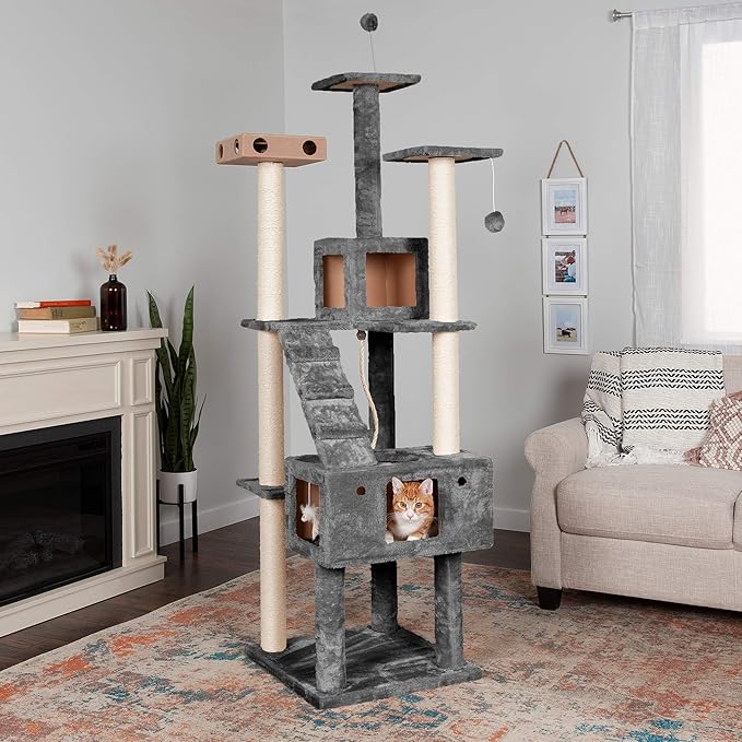 Furhaven 69.3" Tall Cat Tree for Indoor Cats, Ft. Sisal Scratching Posts, 2x Cat Condos, & Toys - Tiger Tough Double Decker Interactive Playground Tower - Silver Gray, One Size-PawvioPets