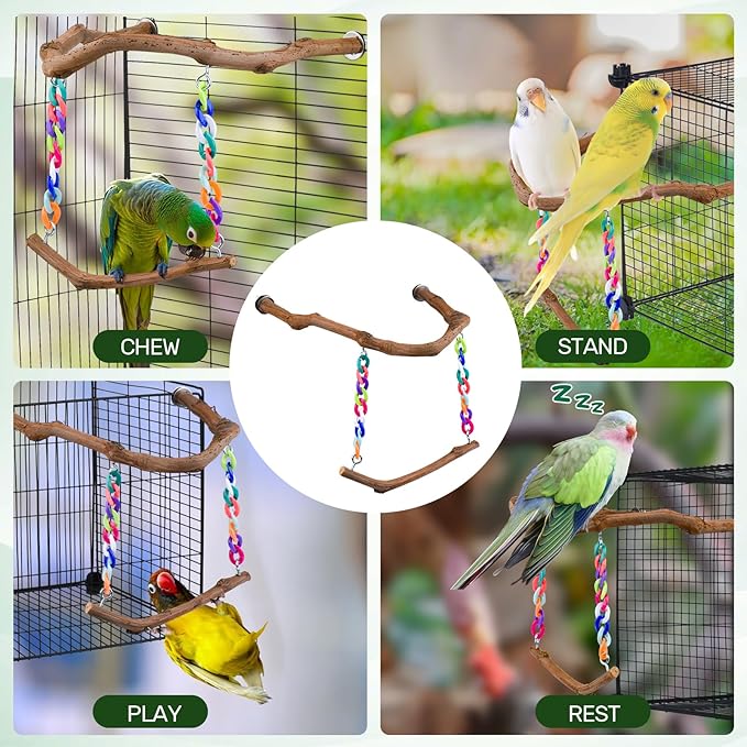 Bird Swing Toys, Standing Bird Perch with Natural Grape Wood, U Shape Hangable Birdcage Accessories, Birds Chewing Toy for Budgerigars, Parakeets, Cockatiels, Conures, Lovebirds, Finches (1Pack)-PawvioPets