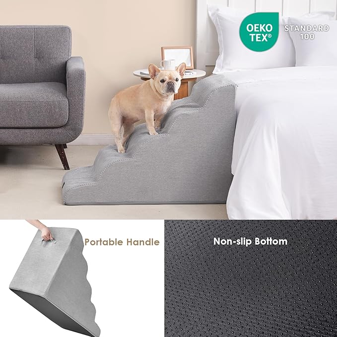 EHEYCIGA Curved Dog Stairs Ramp for High Beds, 5-Step Extra Wide Dog Steps for Small Dogs and Cats, Pet Stairs for High Bed Climbing, Non-Slip Balanced Pet Step Indoor, Light Grey-PawvioPets