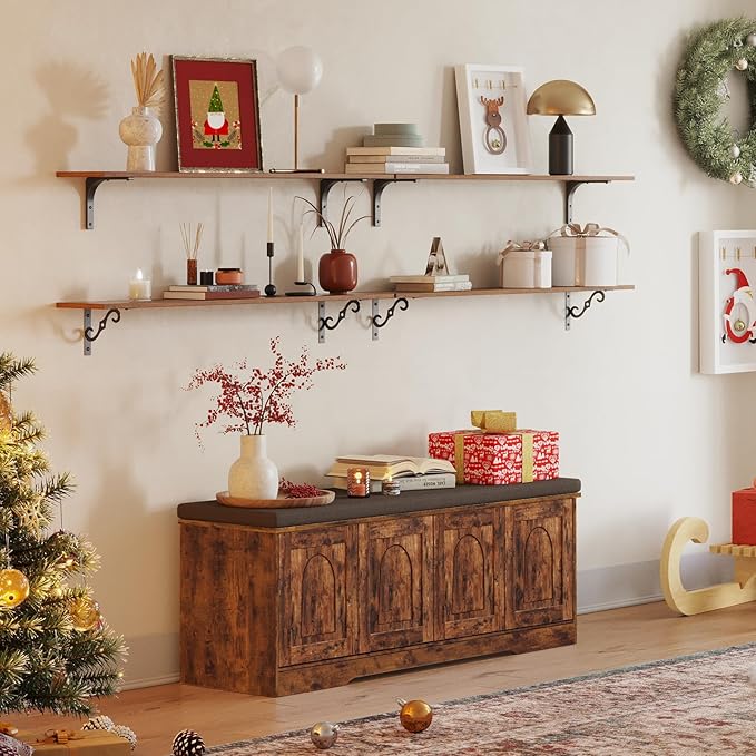 DINZI LVJ Shoe Bench, Entryway Storage Bench with Doors, Cushion, 2-Tier Shoe Rack with 8-Cubby, 47.2”L x 13.8”W Shoe Organizer Cabinet, Adjustable Shelf, Living Room, Bedroom, Rustic Brown-PawvioPets