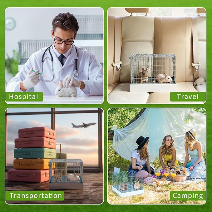 Folding Rabbit Cage, 18 x 18 x 14 in Portable Bunny Carrier with Tray and Handles for Transport, Trave or Temporary Housing, Indoor Outdoor Pet Habitat Animal Enclosure-PawvioPets